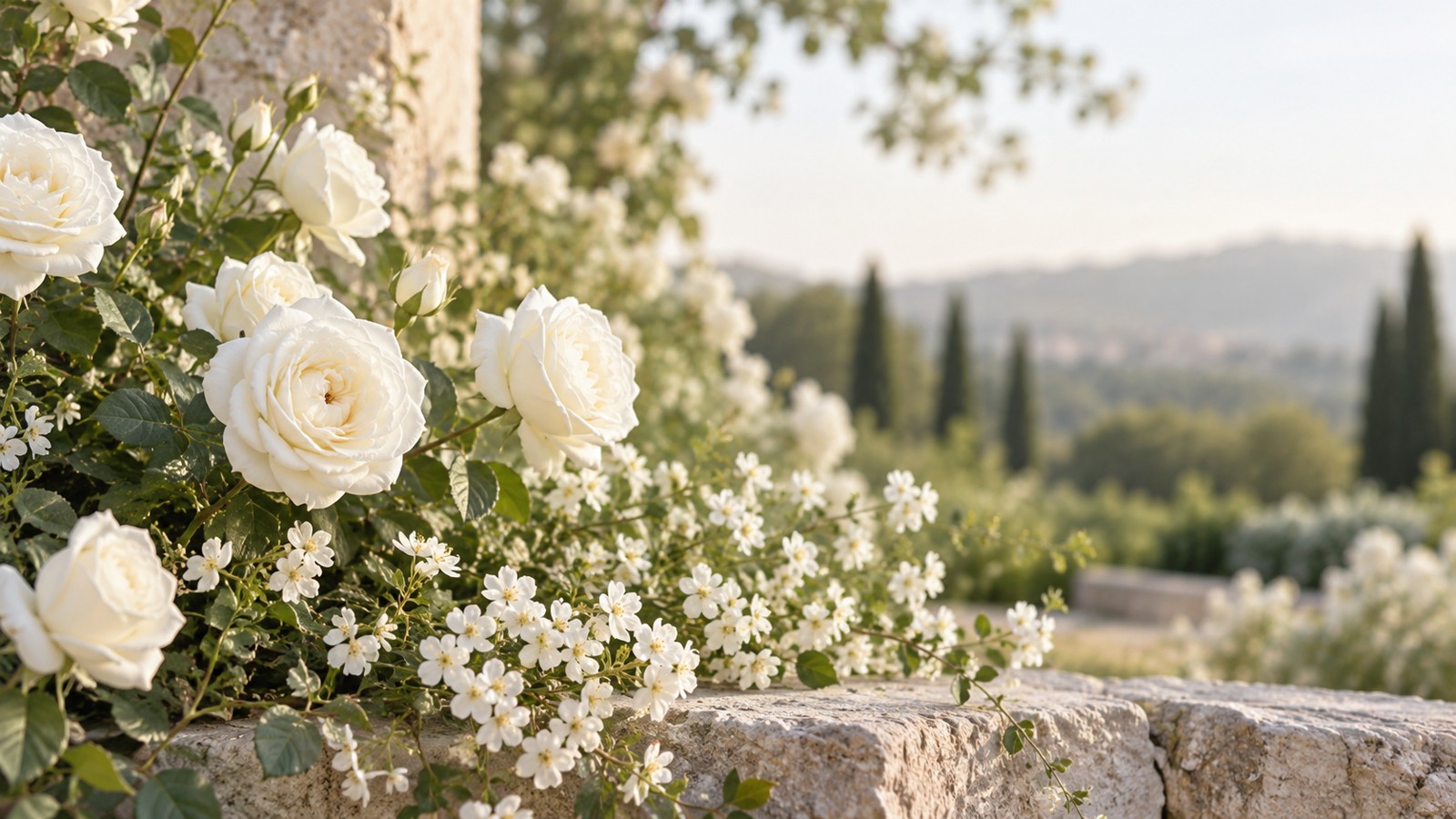 Flores brancas num jardim luminoso, junto a um muro de pedra clara.